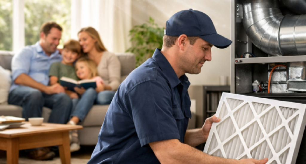 HVAC technician replacing a clean air filter in a modern Michigan home while a family relaxes in the background, illustrating improved whole‑home air quality and comfort.