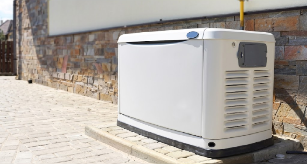 High-resolution standby generator installed on a concrete pad outside a brick residential home