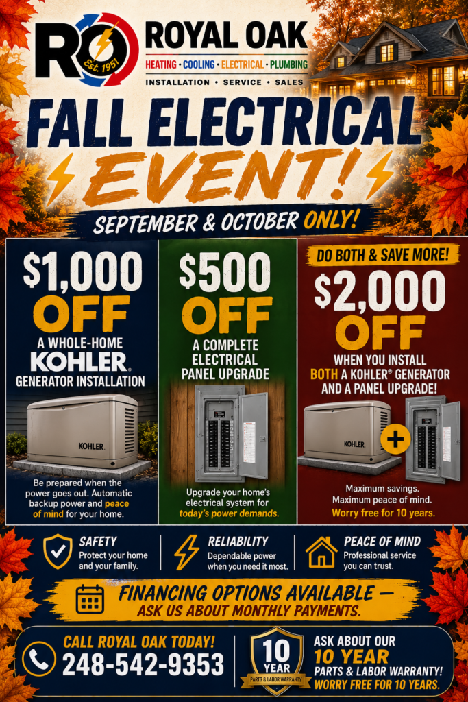Fall Electrical Event promotional flyer for Kohler whole-home generators and electrical panel upgrades by Royal Oak Heating, Cooling, Electrical & Plumbing.