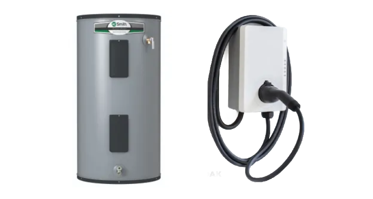 Side-by-side view of a metallic A. O. Smith water heater with access panels and a bottom valve, next to a wall-mounted electric vehicle charging station featuring a coiled cable and plug.