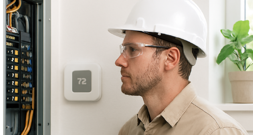 Licensed electrician wearing safety gear inspects a home electrical panel. A digital thermostat and potted plant are visible nearby, emphasizing a safe, modern living environment